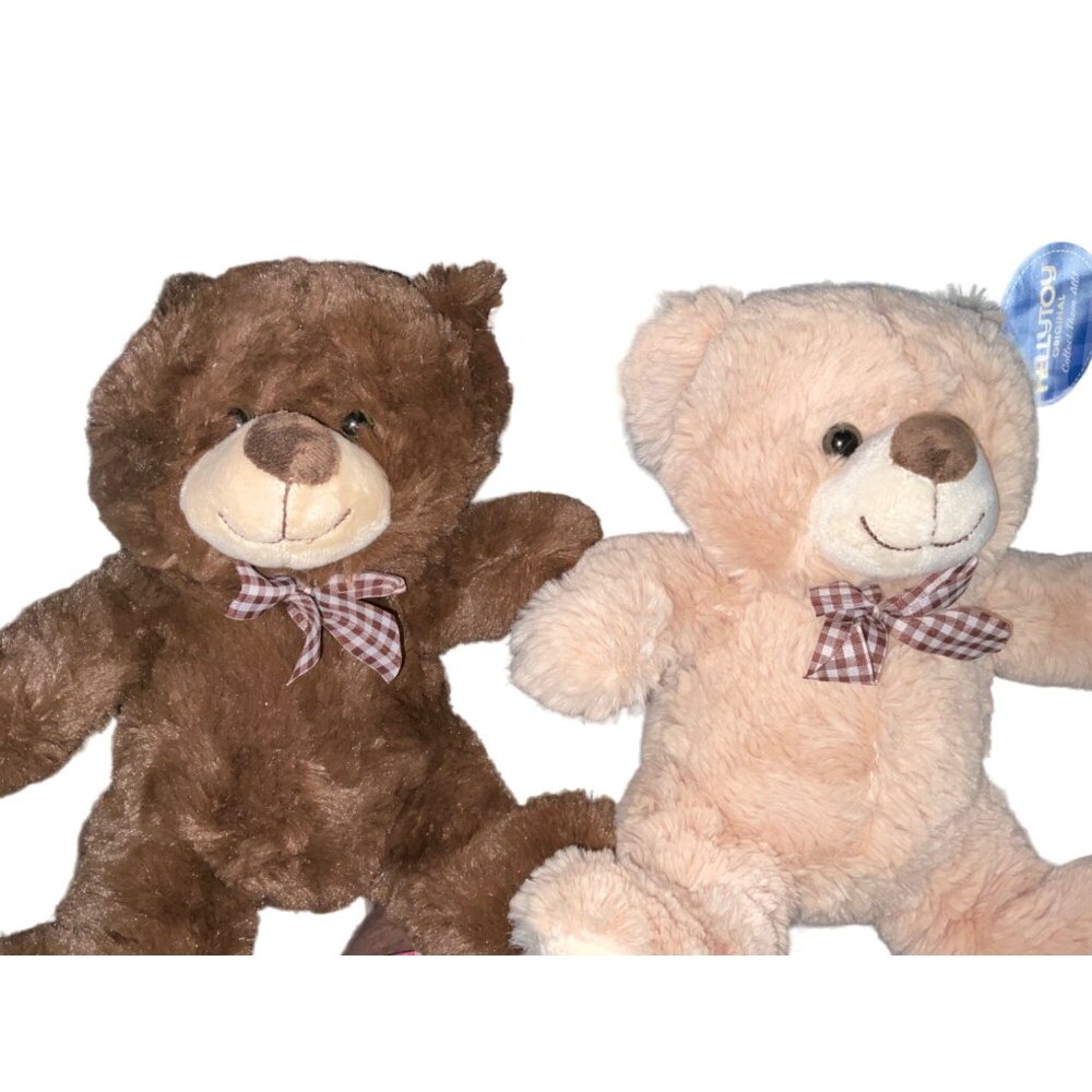 Kellujoy Original Brown & Pink Plush Teddy Bears With Checkered Bows Soft Cuddly